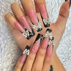 Gorgeous Handmade Pink - Black Nail Art with Crystal Butterfly Embellishments D057