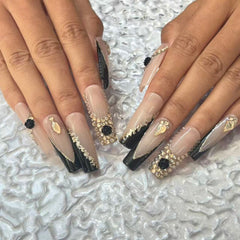 Glamorous Handmade Nude - Black French - Style Nail Art with Crystal Embellishments D055