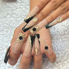 Glamorous Handmade Nude - Black French - Style Nail Art with Crystal Embellishments D055