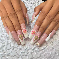 Romantic Handmade Pink & White French - Style Nail Art with Floral and Cross Embellishments D056