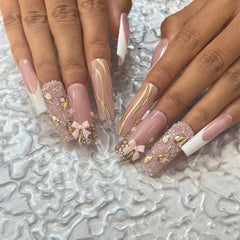 Elegant Handmade Pink & White French - Style Nail Art with Gold and Bow Embellishments D053