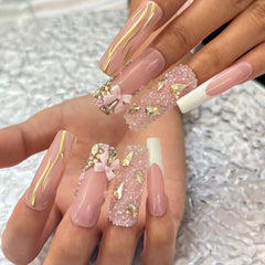Elegant Handmade Pink & White French - Style Nail Art with Gold and Bow Embellishments D053