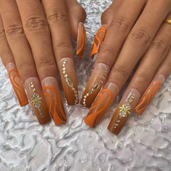 Gorgeous Handmade Nail Art: Earthy Orange - Nude Wave Design with Crystal Embellishments D062