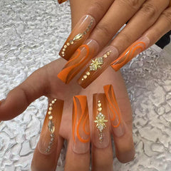Gorgeous Handmade Nail Art: Earthy Orange - Nude Wave Design with Crystal Embellishments D062
