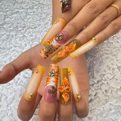 Exquisite Handmade Nail Art: Colorful Fusion with Cross, Flower & Chain Embellishments D063