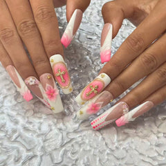 Charming Handmade Nail Art: Brown - Pink - White Fusion with Cross and Floral Embellishments D058