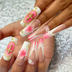 Charming Handmade Nail Art: Brown - Pink - White Fusion with Cross and Floral Embellishments D058