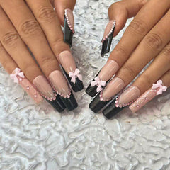 Elegant Handmade Black - Nude Pink Nail Art with Bow and Crystal Embellishments D061