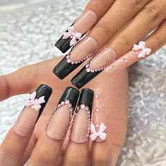 Elegant Handmade Black - Nude Pink Nail Art with Bow and Crystal Embellishments D061