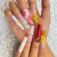 Vibrant Handmade Nail Art: Diverse Patterns and Embellishments Collection D064