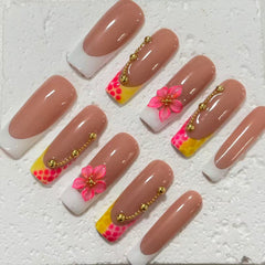 Chic Nude Pink Handmade Press - On Nails with Floral & Gold Bead Embellishments D050