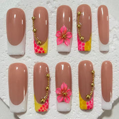 Chic Nude Pink Handmade Press - On Nails with Floral & Gold Bead Embellishments D050