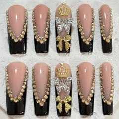 Regal Handmade Black - Nude Pink Nail Art with Crown, Butterfly & Bow Embellishments D066