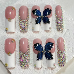 Enchanting Handmade Pink - White Nail Art with Butterfly and Crystal Embellishments D067