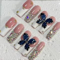 Enchanting Handmade Pink - White Nail Art with Butterfly and Crystal Embellishments D067