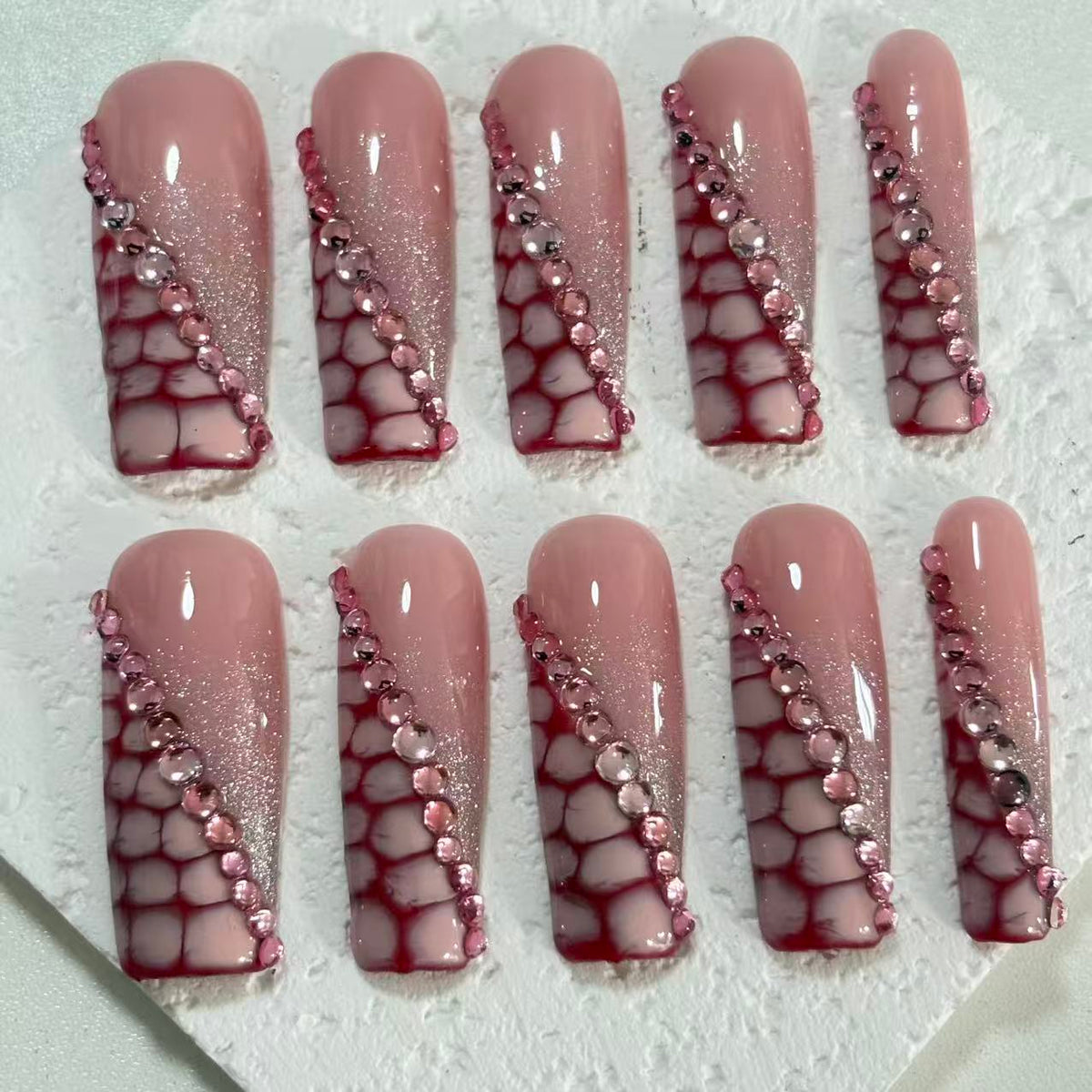 Glamorous Handmade Pink Nail Art with Crackle and Crystal Embellishments D068