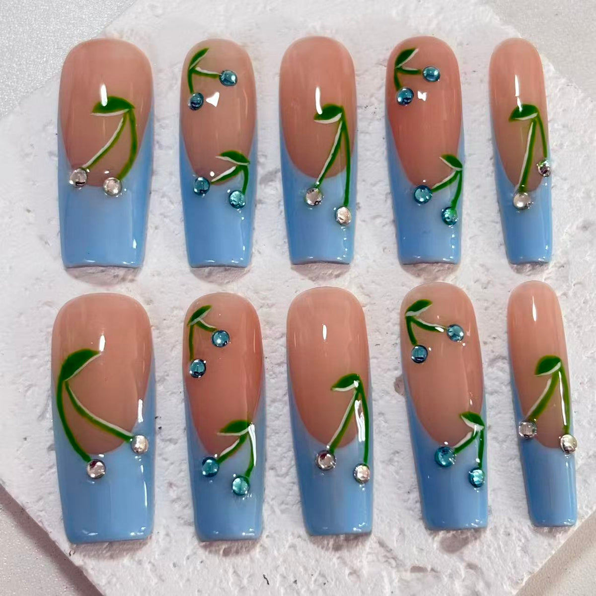 Charming Handmade Nail Art: Nude - Blue Fusion with Floral Vine and Crystal Embellishments D071