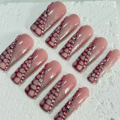 Glamorous Handmade Pink Nail Art with Crackle and Crystal Embellishments D068