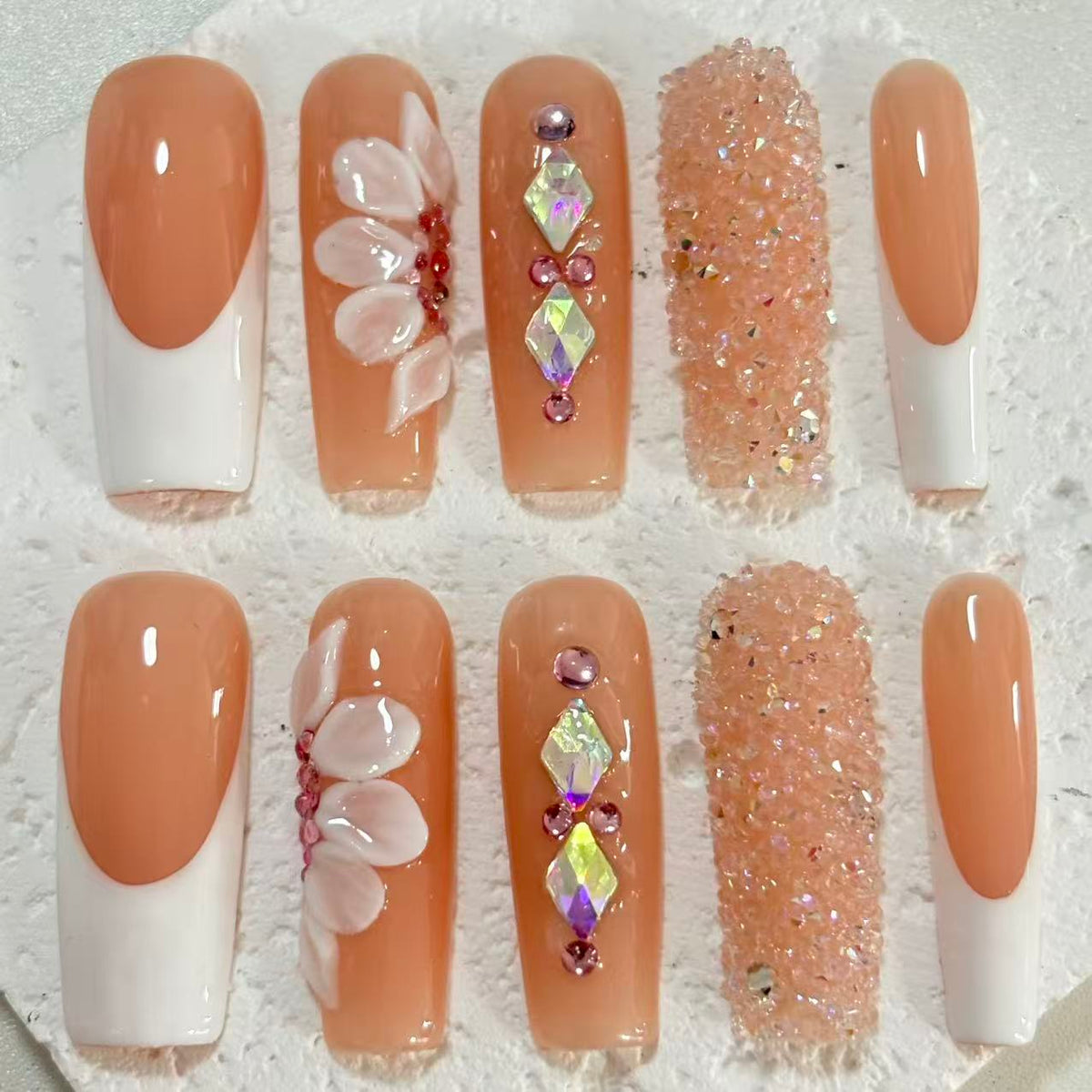 Chic Handmade French - Style Nail Art with Floral and Crystal Embellishments D074