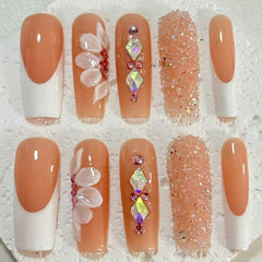 Chic Handmade French - Style Nail Art with Floral and Crystal Embellishments D074