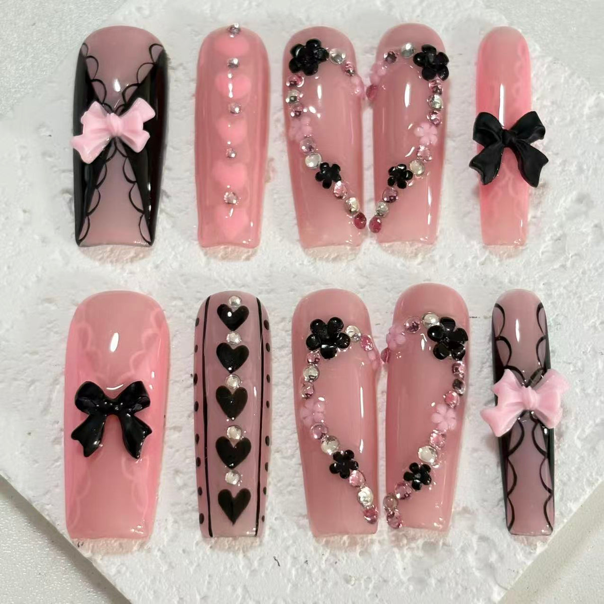 Romantic Handmade Pink Nail Art with Bow, Heart & Floral Embellishments D069