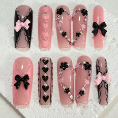 Romantic Handmade Pink Nail Art with Bow, Heart & Floral Embellishments D069
