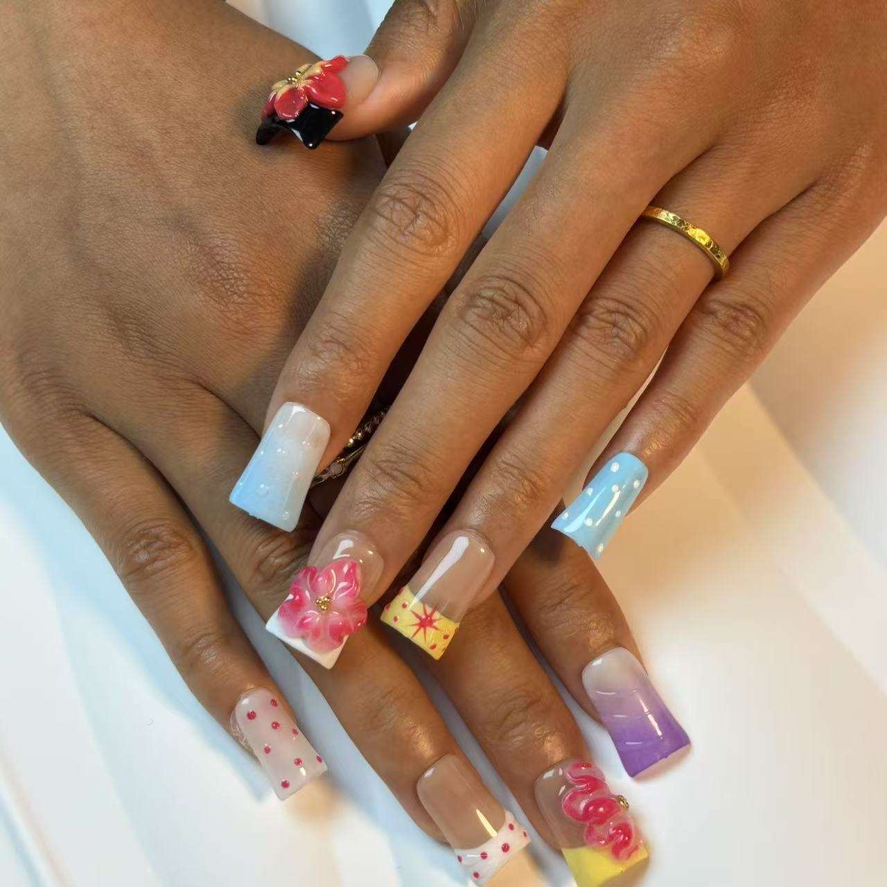 Rainbow Floral Handmade Nails L269