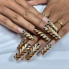 Nude & Gold Feather Handmade Nails D013