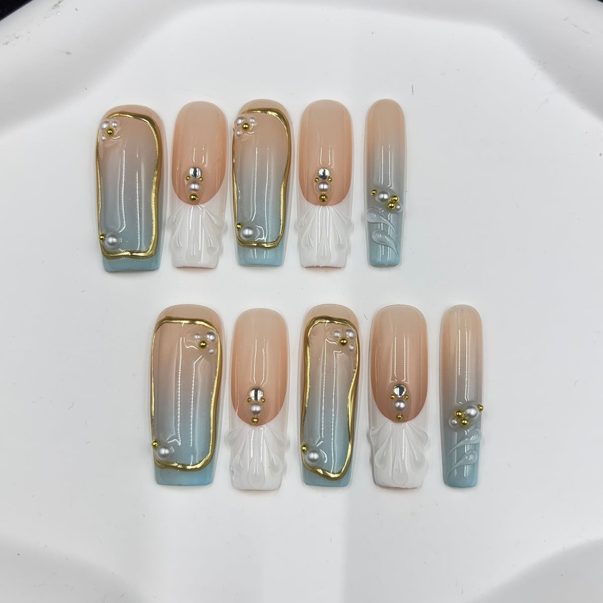 Blush - Blue Gilded Pearl Handmade Nails D022
