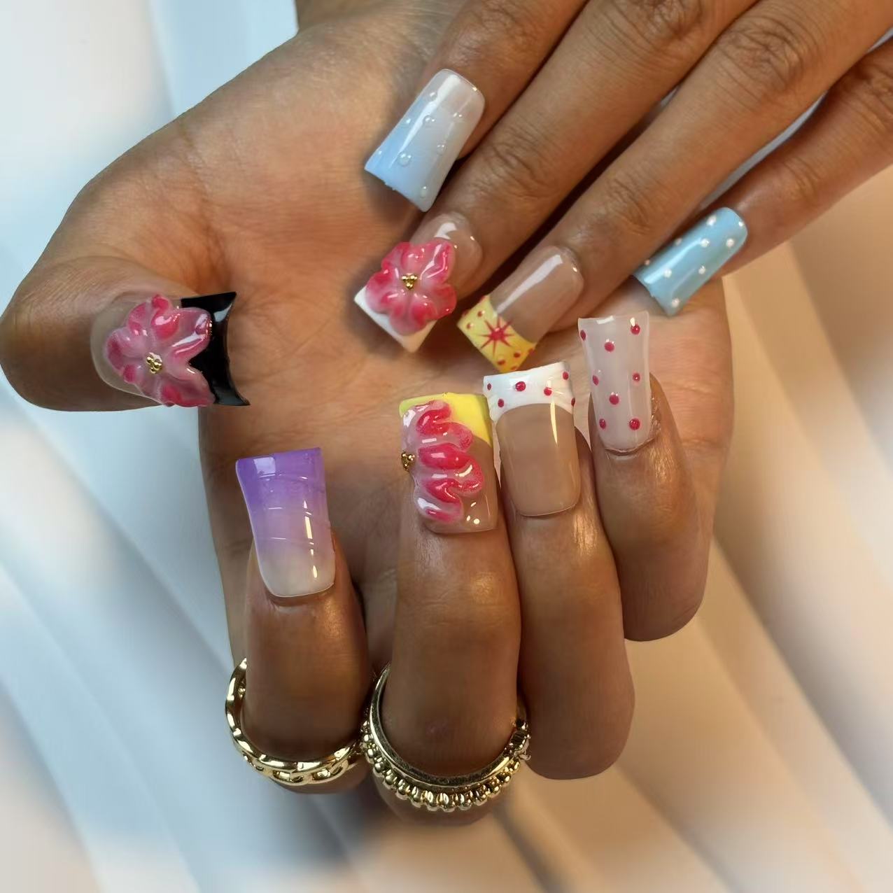 Rainbow Floral Handmade Nails L269