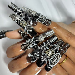Pearl - Encrusted Noir Handmade Nails G014