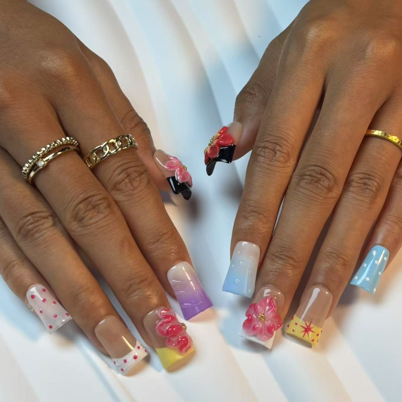 Rainbow Floral Handmade Nails L269