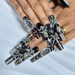 Pearl - Encrusted Noir Handmade Nails G014