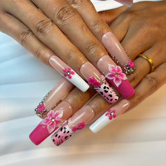 Pink Leopard Bloom Handmade Nails D024