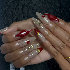 Elegant Ruby & Gold Almond - shape Nails D030