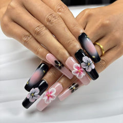 Blush - Noir Floral Handmade Nails D023