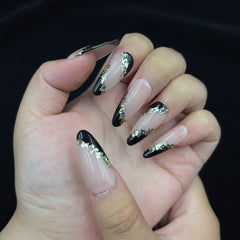 Glam Noir Gold Leaf Almond - shape Nails D027