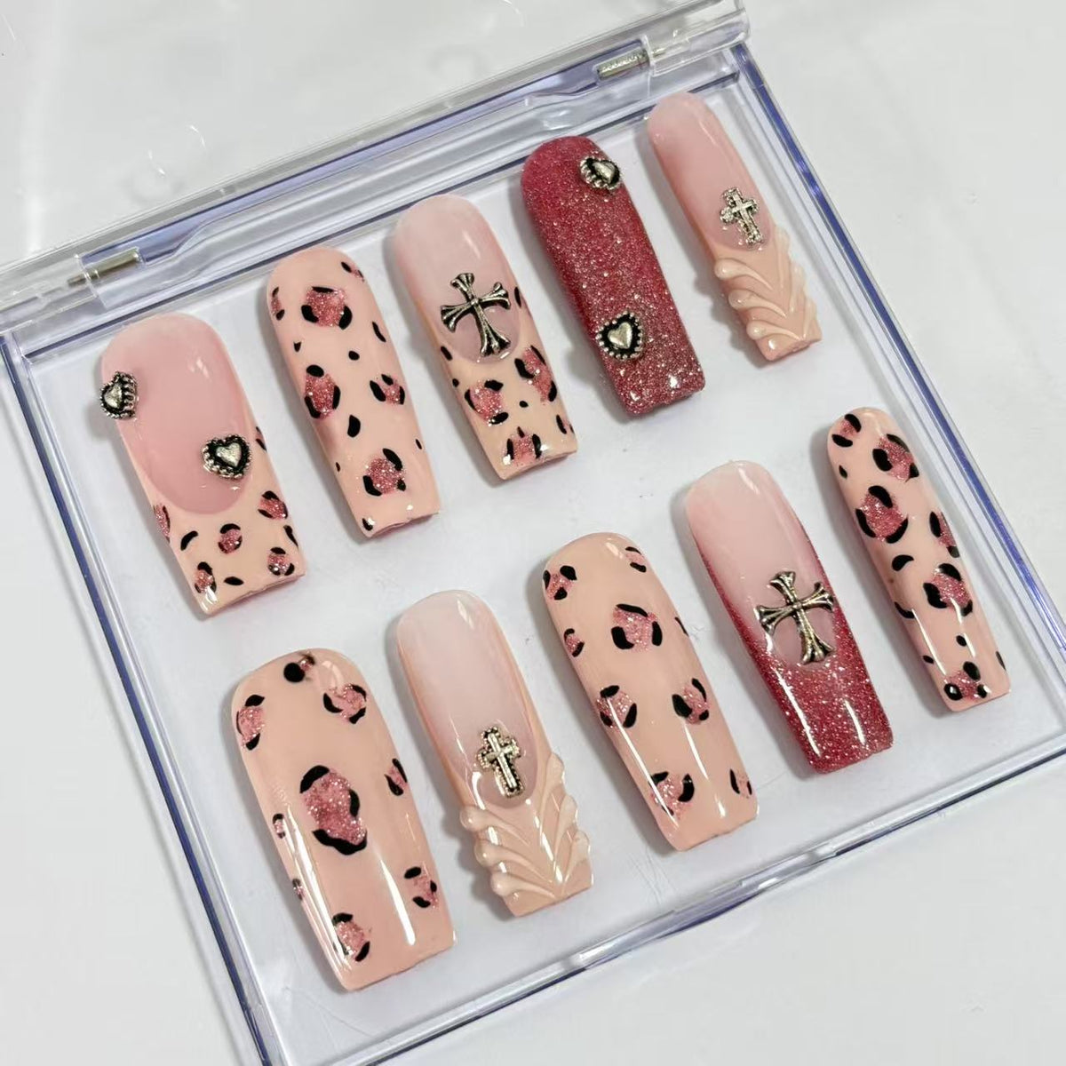 Pink Leopard Punk Handmade Nails D006