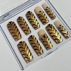 Nude & Gold Feather Handmade Nails D013