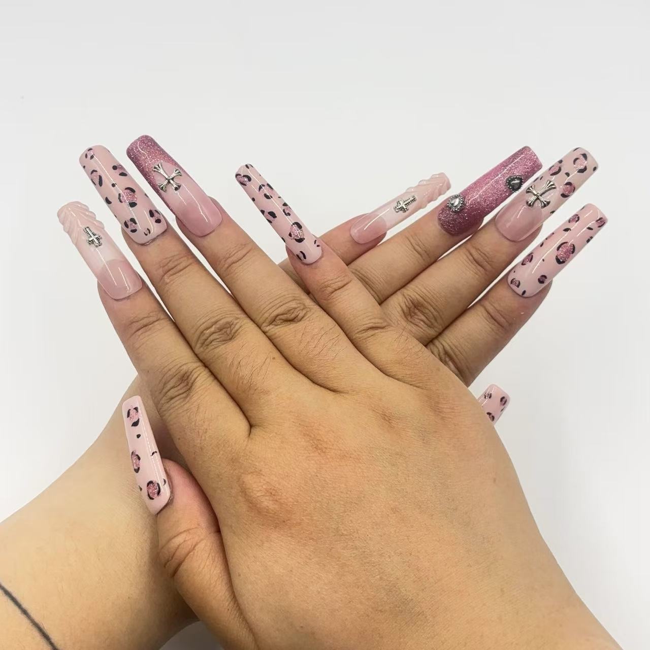 Pink Leopard Punk Handmade Nails D006