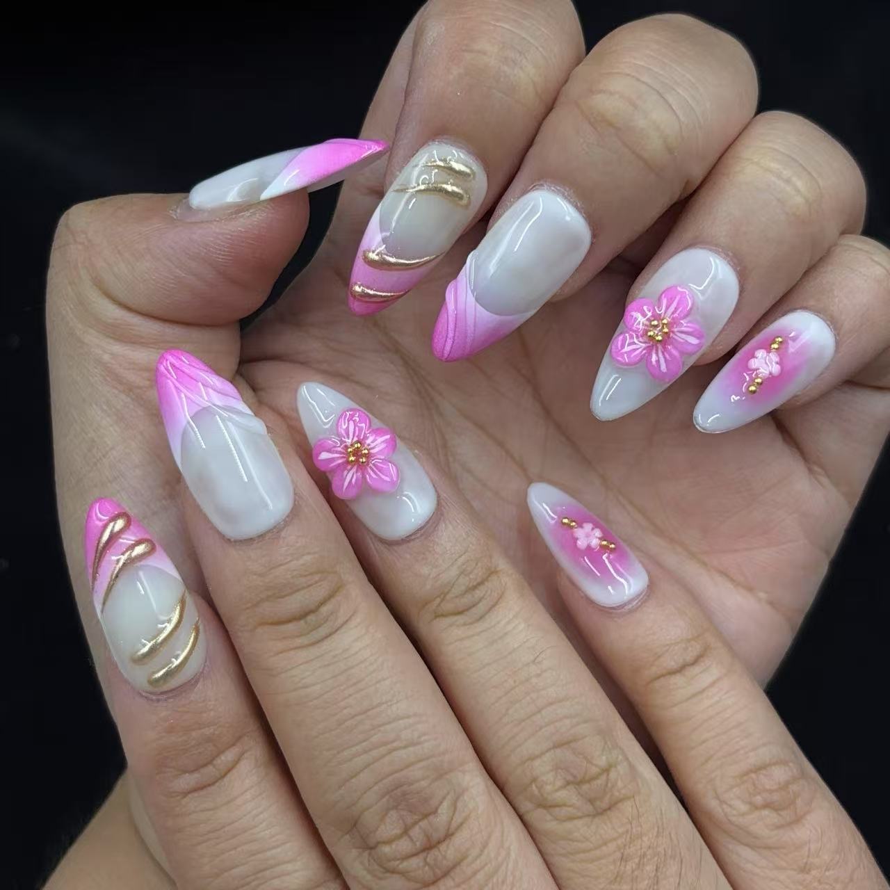 Blossoming Pink Ombre Handmade Nails D448b