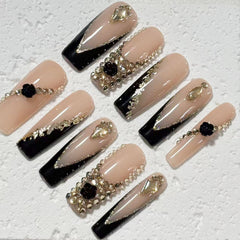 Glamorous Handmade Nude - Black French - Style Nail Art with Crystal Embellishments D055
