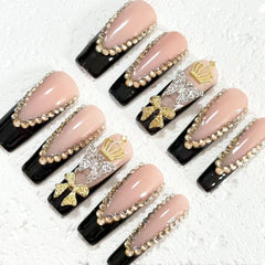 Regal Handmade Black - Nude Pink Nail Art with Crown, Butterfly & Bow Embellishments D066