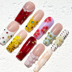 Vibrant Handmade Nail Art: Diverse Patterns and Embellishments Collection D064