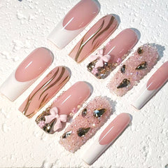 Elegant Handmade Pink & White French - Style Nail Art with Gold and Bow Embellishments D053