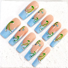 Charming Handmade Nail Art: Nude - Blue Fusion with Floral Vine and Crystal Embellishments D071