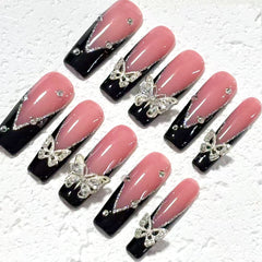 Gorgeous Handmade Pink - Black Nail Art with Crystal Butterfly Embellishments D057