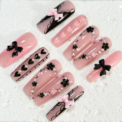 Romantic Handmade Pink Nail Art with Bow, Heart & Floral Embellishments D069