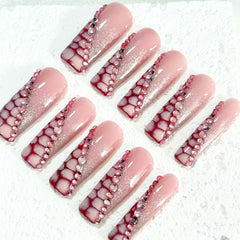 Glamorous Handmade Pink Nail Art with Crackle and Crystal Embellishments D068