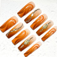 Gorgeous Handmade Nail Art: Earthy Orange - Nude Wave Design with Crystal Embellishments D062